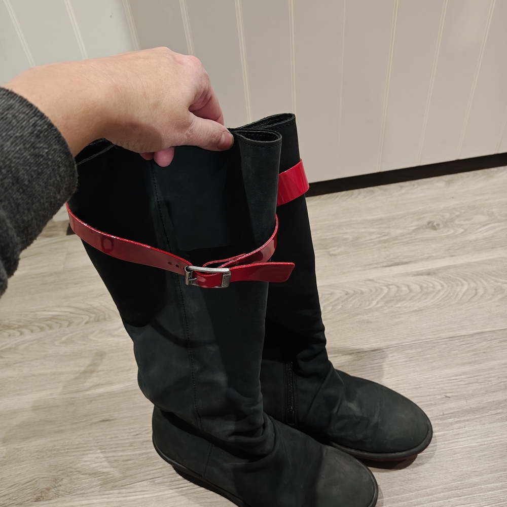 Fluevog Knee High Black Suede Boots with Red Straps